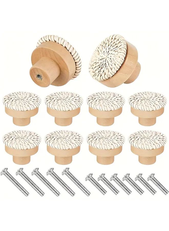 8pcs White Rattan Drawer Pulls Handwoven Wicker Knobs Round Wooden Handles - Image 1